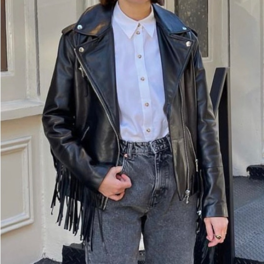 Faux leather jacket with fringe